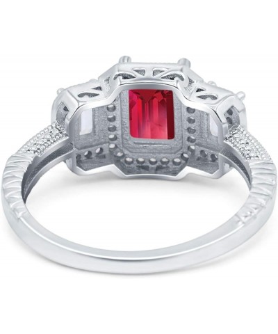 Three Stone Emerald Cut Halo Art Deco Engagement Ring Simulated Cubic Zirconia 925 Sterling Silver Simulated Ruby CZ $12.30 R...