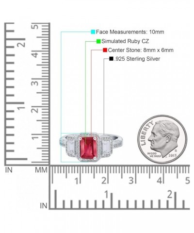 Three Stone Emerald Cut Halo Art Deco Engagement Ring Simulated Cubic Zirconia 925 Sterling Silver Simulated Ruby CZ $12.30 R...