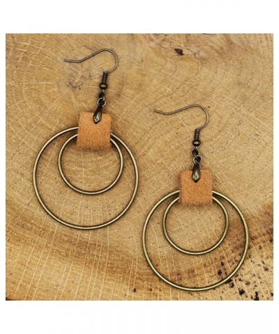 Handmade Big Hoop Earrings, Boho Earrings, Colorful Wooden Leather Earrings, Wood Circle, Statement Jewelry for Women Brass $...