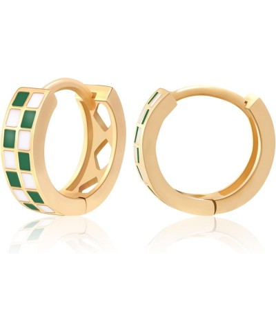 18k Gold Filled Checkered Hoop Earrings,Enamel Small Hoops Earrings For Women Hypoallergenic Earrings green $10.79 Earrings