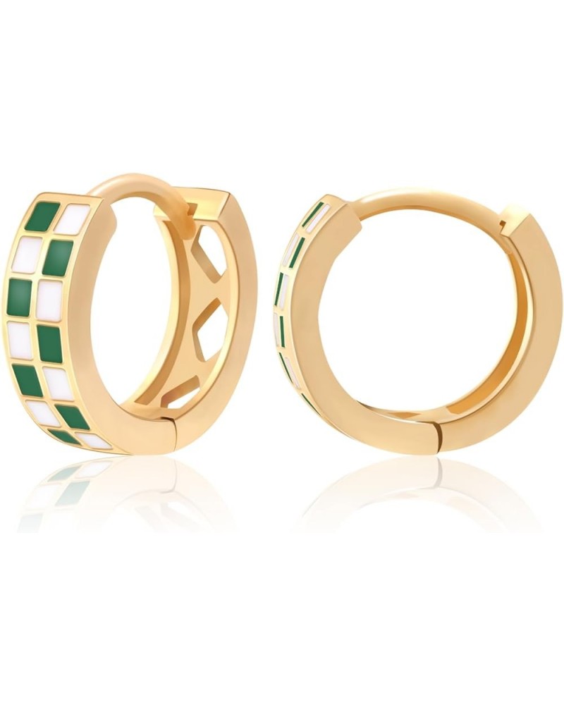 18k Gold Filled Checkered Hoop Earrings,Enamel Small Hoops Earrings For Women Hypoallergenic Earrings green $10.79 Earrings