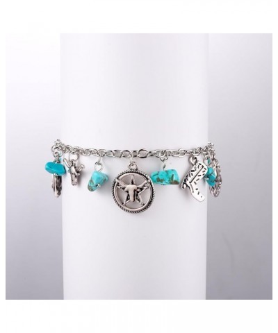 Western Cowgirl Turquoise Bracelets Vintage Sliver Cowboy Charm Bracelet Cowboy Hat Boots Bull Charm Chain Link Bracelet Y2K ...