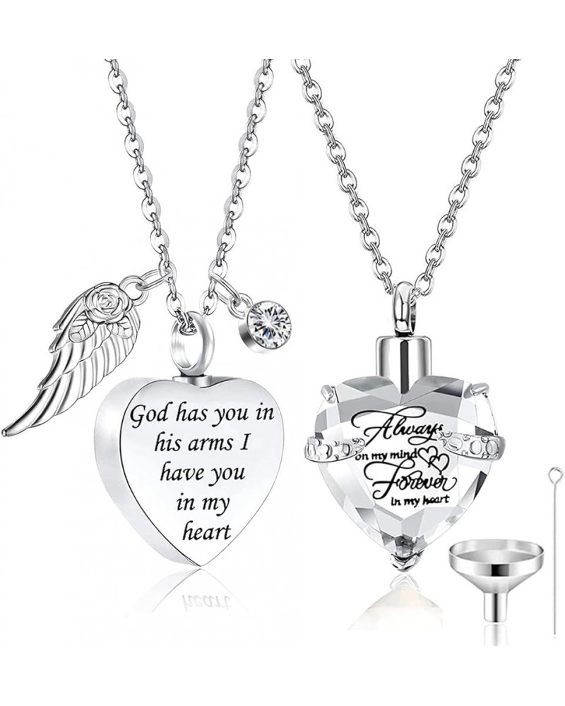 2 Pieces Cremation Urn Necklace Heart Ashes Necklace Carved Locket Stainless Steel Waterproof Memorial Pendant with Angel Win...