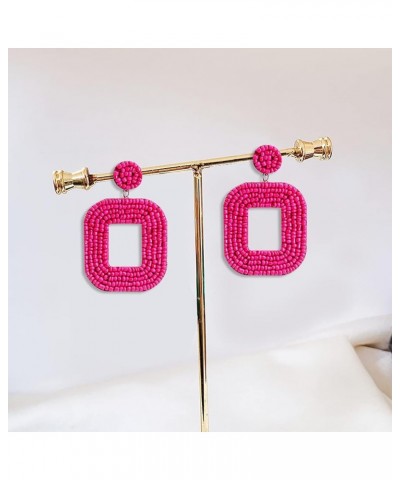 Beaded Drop Earrings Handmade Seed Bead Heart Hoop Dangle Earrings Bohemia Statement Earring Studs for Women Girls Square- Ro...