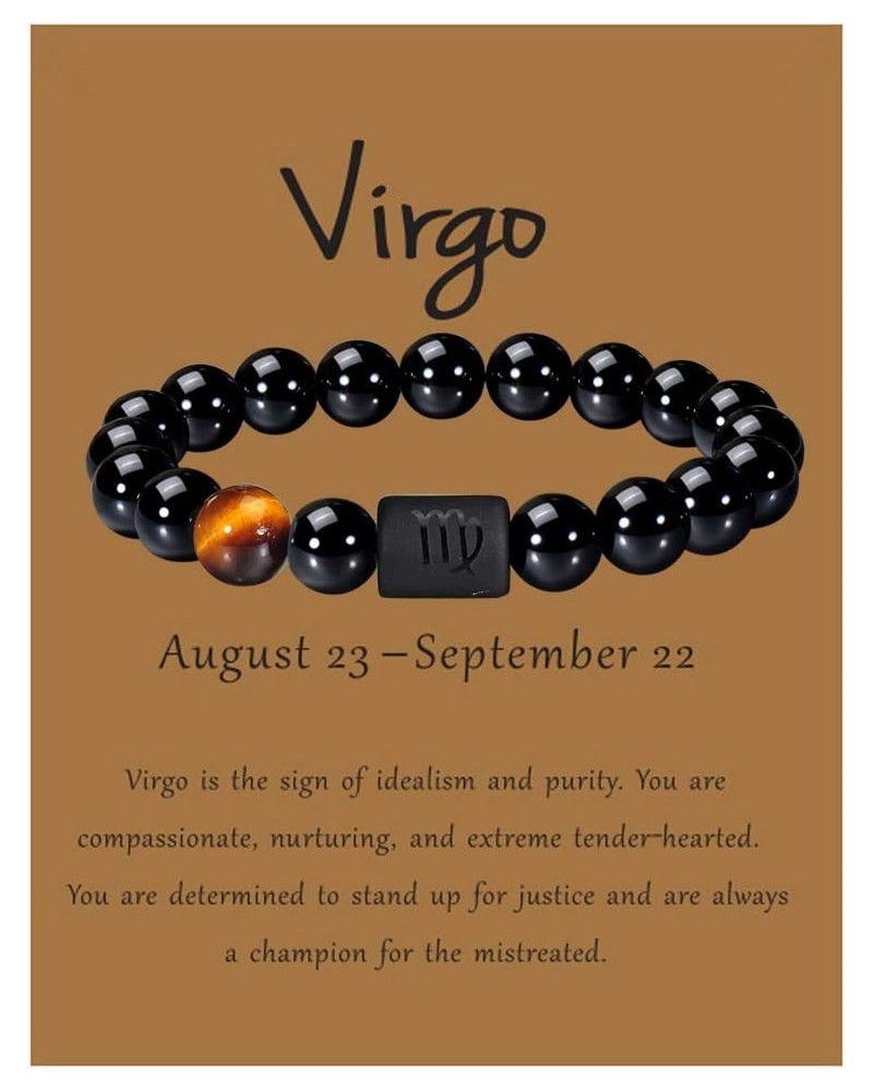 Zodiac Bracelet for Men Women, 8mm 10mm Natural Black Onyx Stone Star Sign Constellation Horoscope Bracelet Gifts virgo women...