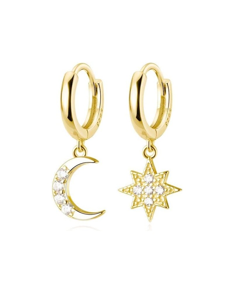 Solid 925 Sterling Silver Star Moon Hoop Huggie Earrings Drops for Women Girls Crystal Moon Star Dangle Earrings B-Gold $10.6...