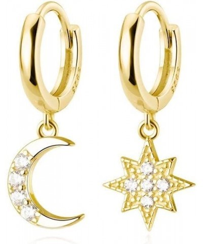 Solid 925 Sterling Silver Star Moon Hoop Huggie Earrings Drops for Women Girls Crystal Moon Star Dangle Earrings B-Gold $10.6...