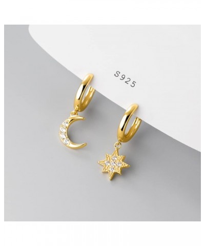 Solid 925 Sterling Silver Star Moon Hoop Huggie Earrings Drops for Women Girls Crystal Moon Star Dangle Earrings B-Gold $10.6...