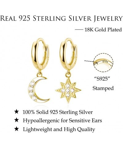 Solid 925 Sterling Silver Star Moon Hoop Huggie Earrings Drops for Women Girls Crystal Moon Star Dangle Earrings B-Gold $10.6...