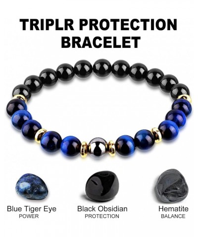 Triple Protection Good Luck Bracelet, Men Women Blue Tiger Eye Black Obsidian Hematite Wealth Prosperity Happiness Bracelet, ...