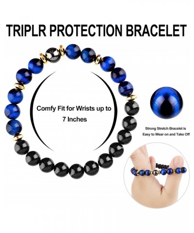 Triple Protection Good Luck Bracelet, Men Women Blue Tiger Eye Black Obsidian Hematite Wealth Prosperity Happiness Bracelet, ...