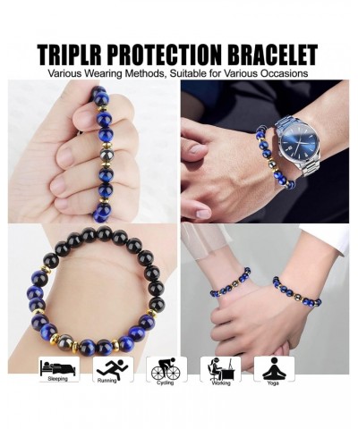 Triple Protection Good Luck Bracelet, Men Women Blue Tiger Eye Black Obsidian Hematite Wealth Prosperity Happiness Bracelet, ...