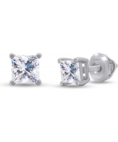 Princess Cut EGL Certified Lab Grown Diamond Screw Back Solitaire Stud Earrings In 14K Solid White Gold For Women (Color: E-F...