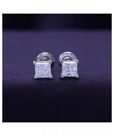 Princess Cut EGL Certified Lab Grown Diamond Screw Back Solitaire Stud Earrings In 14K Solid White Gold For Women (Color: E-F...