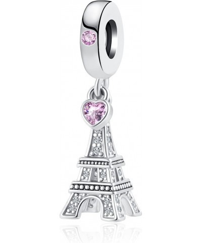 Eiffel Tower Love to Travel Charm for European Pandora Bracelets Pink Crystal Heart Dangle Bead for Women Girl Mom Sister Fam...