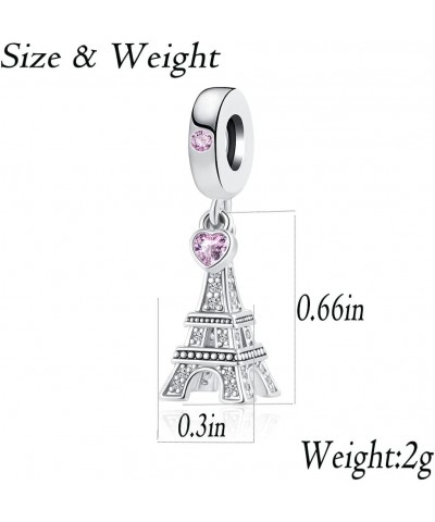 Eiffel Tower Love to Travel Charm for European Pandora Bracelets Pink Crystal Heart Dangle Bead for Women Girl Mom Sister Fam...