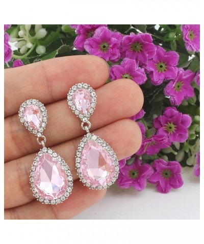 Women's Austrian Crystal Wedding Tear Drop Dangle Earrings Pink Silver-Tone $9.66 Earrings