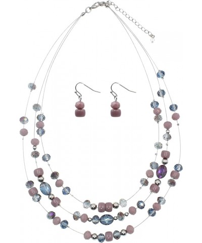 3 Layers Illusion Wire Glass Beaded Statement Necklace and Earring Set for Women Light Purple $11.79 Jewelry Sets