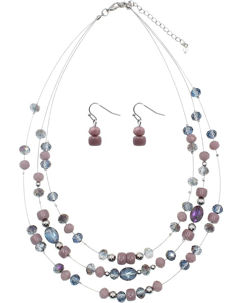 3 Layers Illusion Wire Glass Beaded Statement Necklace and Earring Set for Women Light Purple $11.79 Jewelry Sets