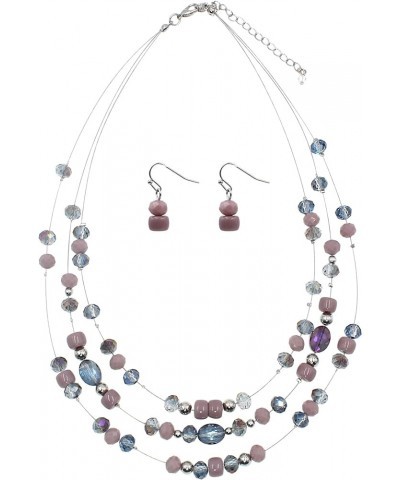 3 Layers Illusion Wire Glass Beaded Statement Necklace and Earring Set for Women Light Purple $11.79 Jewelry Sets