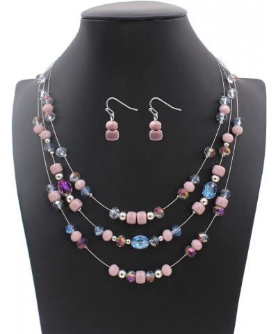 3 Layers Illusion Wire Glass Beaded Statement Necklace and Earring Set for Women Light Purple $11.79 Jewelry Sets