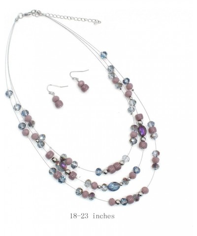 3 Layers Illusion Wire Glass Beaded Statement Necklace and Earring Set for Women Light Purple $11.79 Jewelry Sets