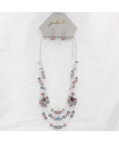 3 Layers Illusion Wire Glass Beaded Statement Necklace and Earring Set for Women Light Purple $11.79 Jewelry Sets