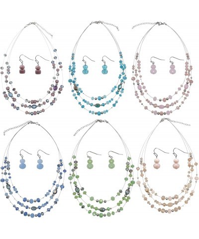 3 Layers Illusion Wire Glass Beaded Statement Necklace and Earring Set for Women Light Purple $11.79 Jewelry Sets