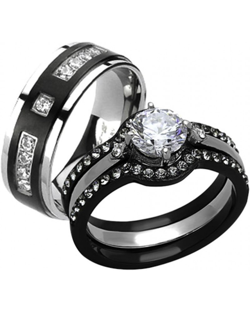 His and Her 4 Piece Black and Silver Stainless Steel and Titanium Wedding Ring Band Set Size Women's 05 Men's 09 $20.91 Sets