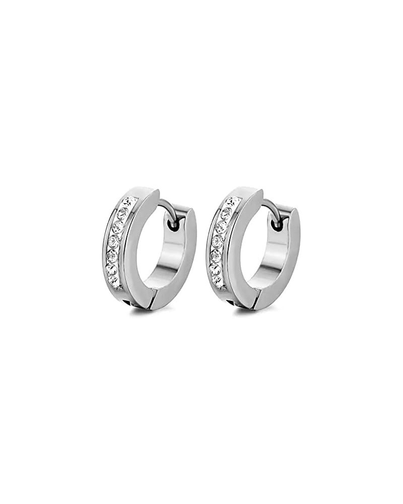 Stainless Steel Single Row Diamond Silver Hoop Earrings $9.53 Earrings