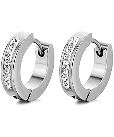 Stainless Steel Single Row Diamond Silver Hoop Earrings $9.53 Earrings