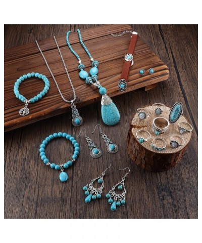 19 Pcs Boho Western Jewelry for Women Bohemian Turquoise Necklace Set Vintage Drop Dangle Turquoise Stud Earrings Vintage Knu...