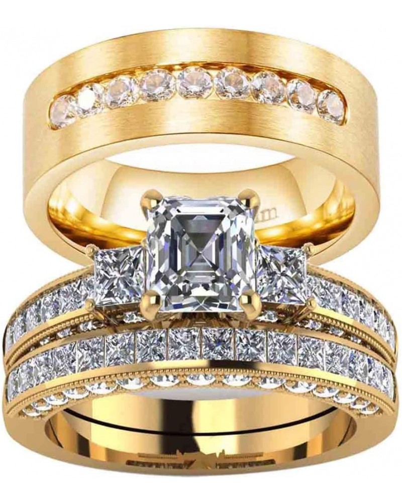 Couple Rings Yellow Gold Filled Princess cut 8 * 8mm Cz Womens Wedding Ring Sets Titanium Men's Wedding Band(please buy 2 rin...