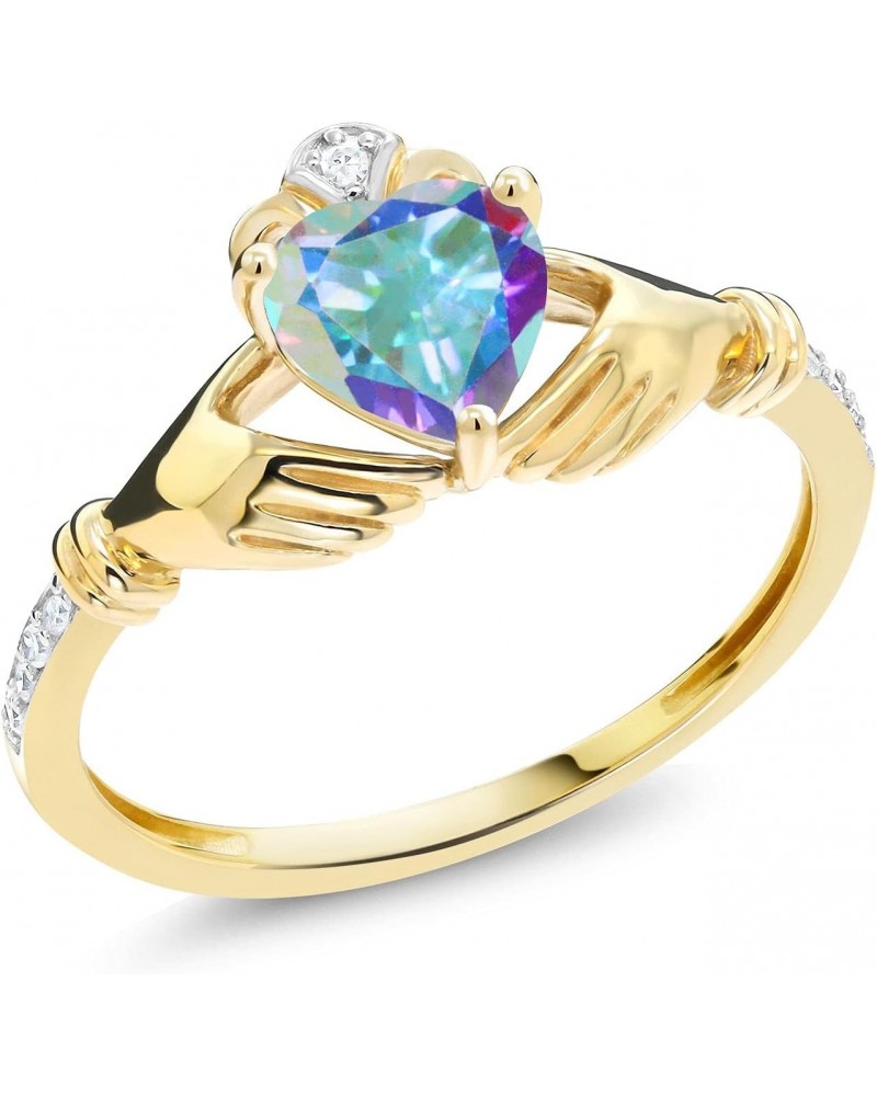 10K Yellow Gold Mercury Mist Mystic Topaz and Diamond Accent Irish Celtic Claddagh Ring | 1.01 Cttw | Gemstone Birthstone, Av...