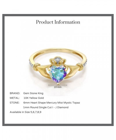 10K Yellow Gold Mercury Mist Mystic Topaz and Diamond Accent Irish Celtic Claddagh Ring | 1.01 Cttw | Gemstone Birthstone, Av...