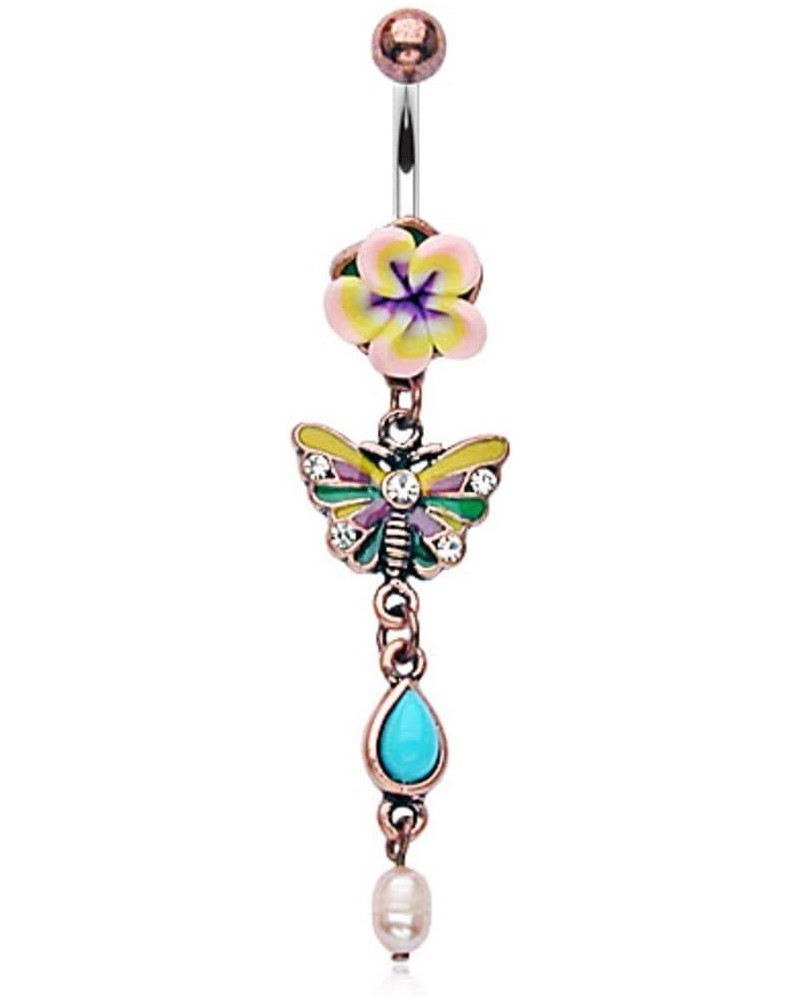 Fimo Flower Vintage with Butterfly Dangle Belly Button Navel Ring $10.06 Body Jewelry