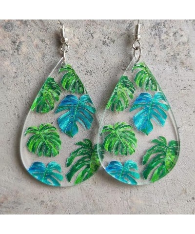 Transparent Acrylic Monstera Leaf Teardrop Dangle Earrings Green Palm Leaf Earrings for Women Girls Summer Bohemia Jewelry Gi...