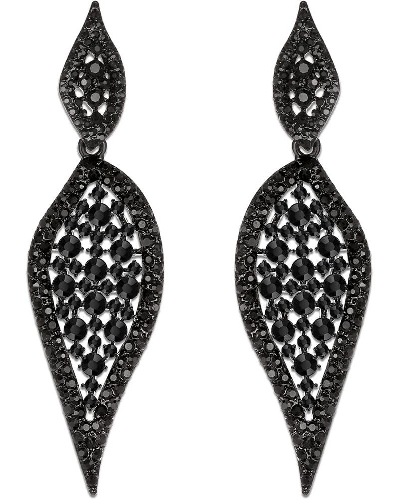 Costume Party Jewelry 2 Leaf Round Crystal Hollow-out Pierced Chandelier Dangle Earrings for Women Black Black-Tone $10.25 Ea...