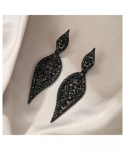 Costume Party Jewelry 2 Leaf Round Crystal Hollow-out Pierced Chandelier Dangle Earrings for Women Black Black-Tone $10.25 Ea...