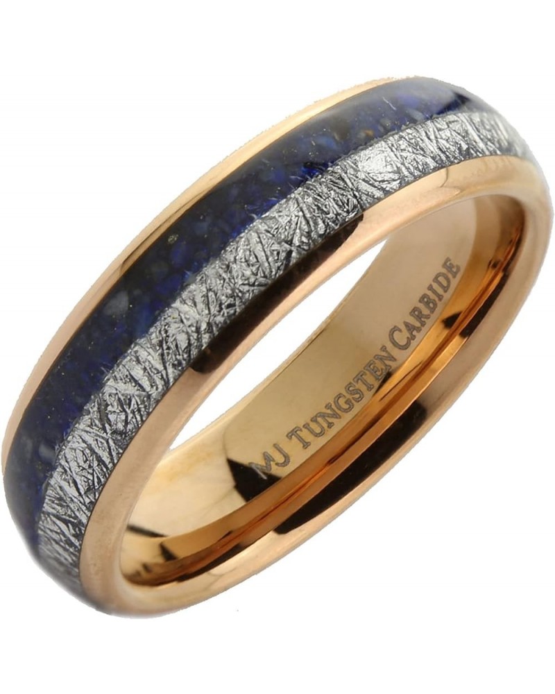 Rose Gold Plated, Polished or Black Plated Tungsten Carbide 6mm or 8mm Wedding Band Blue Lapis Lazuli and Meteorite Inlay wit...