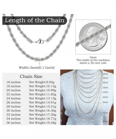 Twist Chain Necklace - Stainless Steel Rope Jewelry for Men & Women 16 Inches 3mm Wide $9.71 Necklaces