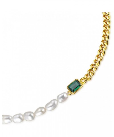 Baroque Pearl Curb Chain Necklace | Half Pearl Half Chain Choker Necklace with Emerald Green Pendant 15''+2'' Extender $15.65...