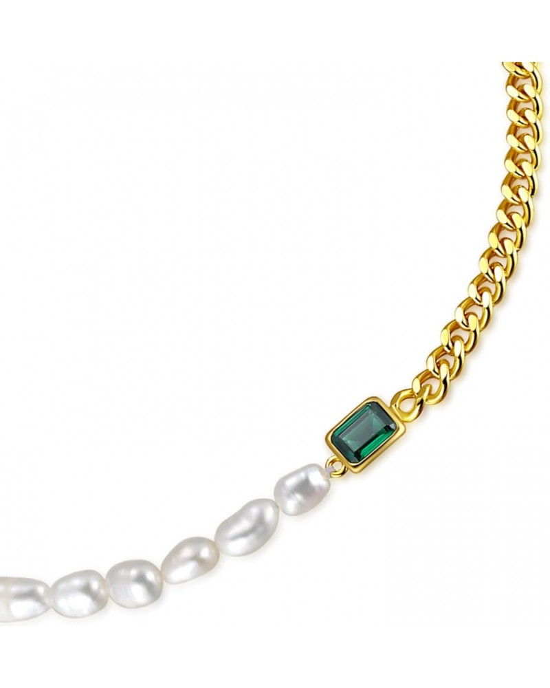 Baroque Pearl Curb Chain Necklace | Half Pearl Half Chain Choker Necklace with Emerald Green Pendant 15''+2'' Extender $15.65...