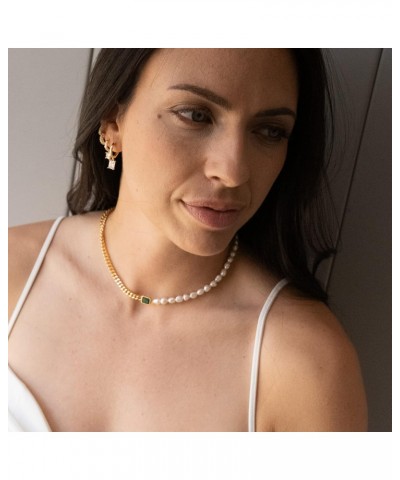 Baroque Pearl Curb Chain Necklace | Half Pearl Half Chain Choker Necklace with Emerald Green Pendant 15''+2'' Extender $15.65...