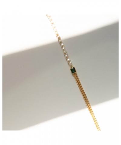 Baroque Pearl Curb Chain Necklace | Half Pearl Half Chain Choker Necklace with Emerald Green Pendant 15''+2'' Extender $15.65...