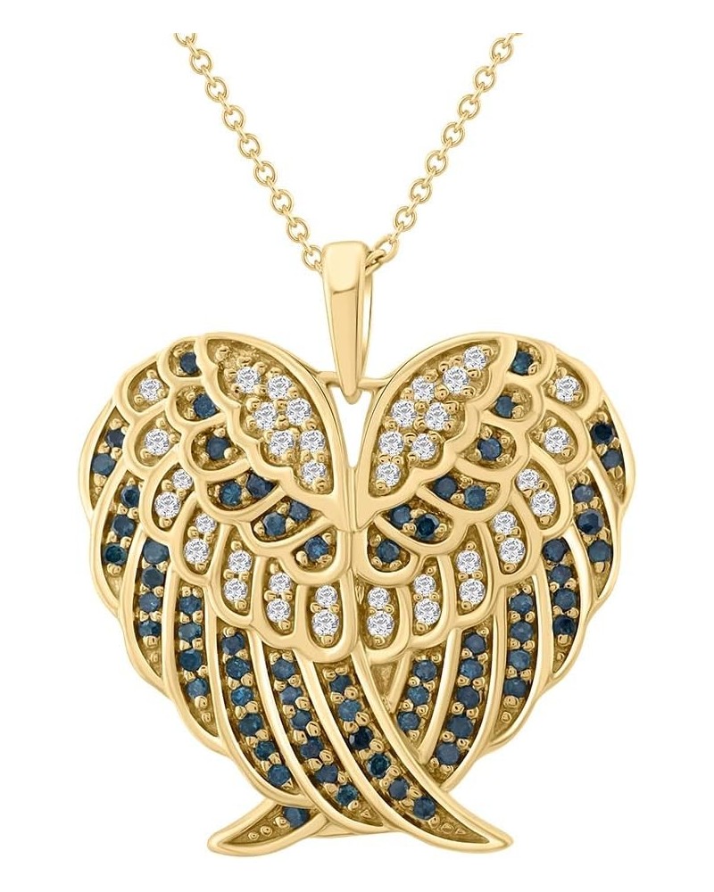 1/2 Carat Blue and White Diamond Angel Wings in Heart Shaped Necklace in 925 Sterling Silver or 18K Yellow Gold over Sterling...