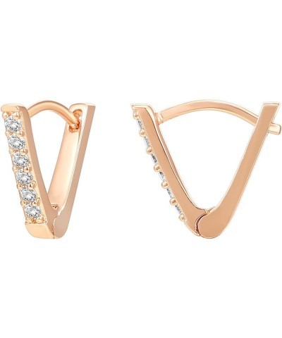 14K Gold Plated Sterling Silver Post V-Shaped Huggie Earrings - Cubic Zirconia Studded Small Hoop Earrings for Women in Rose ...