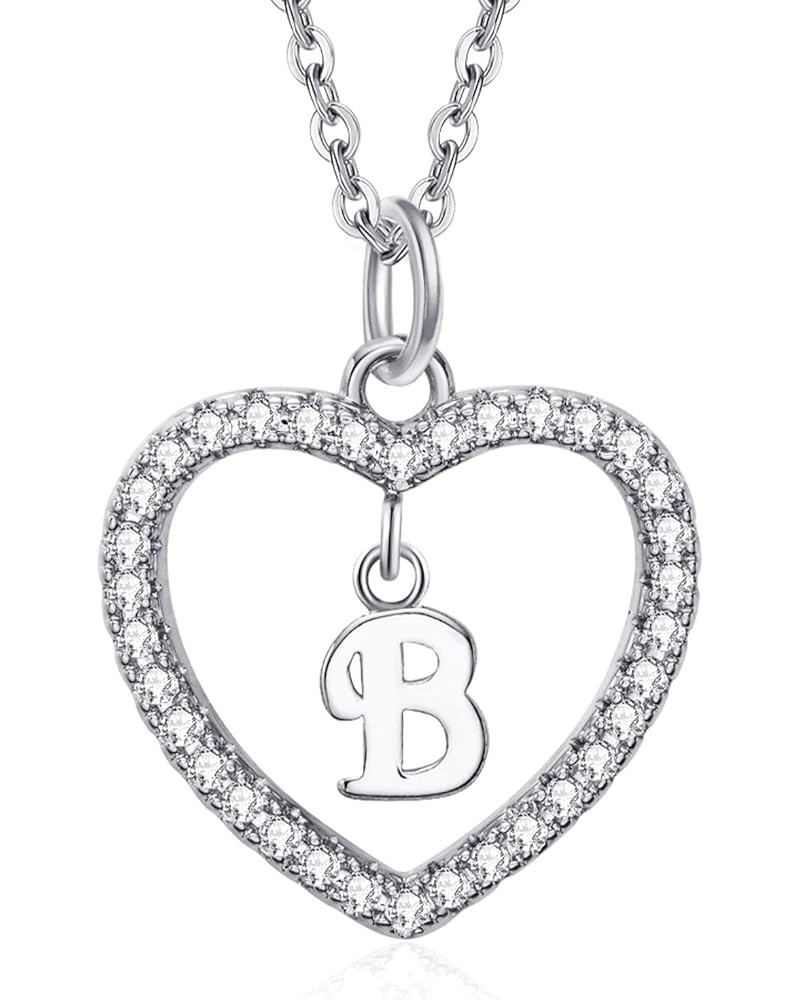 Initial Heart Necklace for Women CZ Heart Letter A-Z Name Alphabet Pendant Necklace Valentine's Day gift Sliver Plated B $9.3...