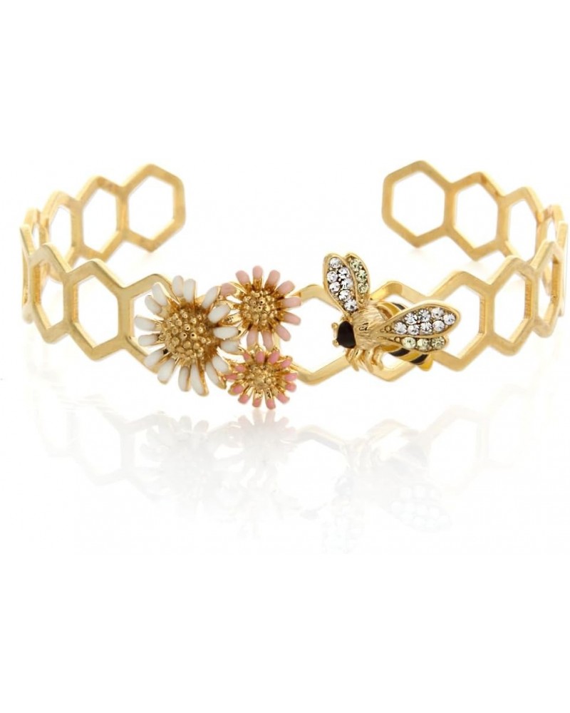 Epoxy Honeybee and Flower Ring Plated Brass Adjustable Size Bangle_Gold $11.50 Rings