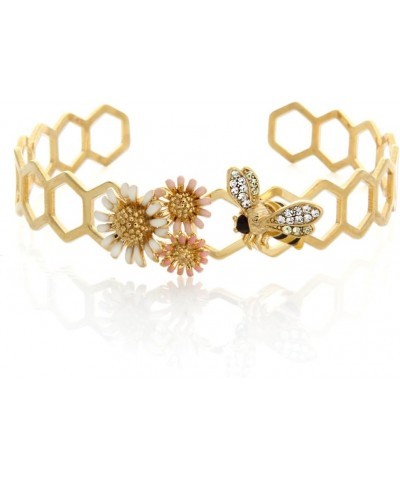 Epoxy Honeybee and Flower Ring Plated Brass Adjustable Size Bangle_Gold $11.50 Rings